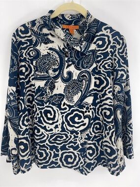 Harari Blue and Ivory Silk Paisley-Cloud Button-Down Long Sleeve Shirt